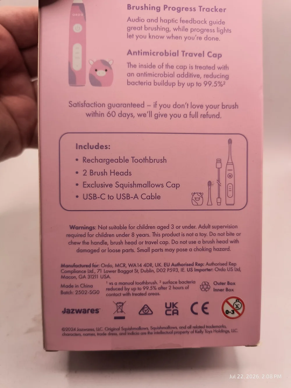 ORDO Sonic Kids' Rechargeable Toothbrush - Squishmallows Patty - NIB Pink
